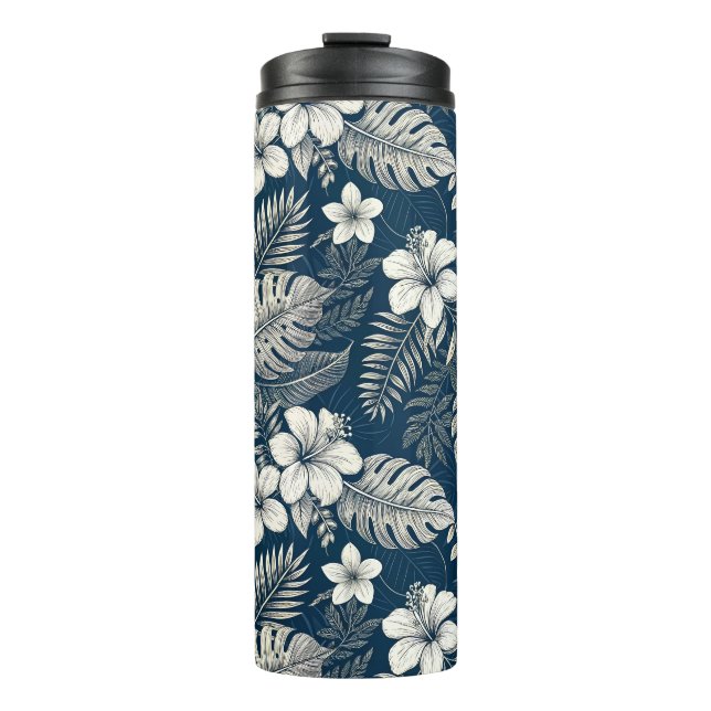 Termo Navy Blue Hibiscus Monstera Tropical Botanical (Anverso)