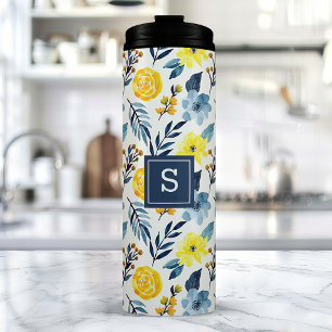 Termo Navy personalizado y floral amarillo 