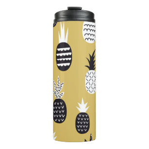 Termo Negro, piñas blancas, fondo amarillo