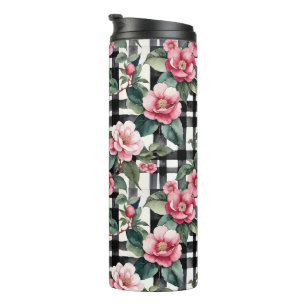 Termo Negro y blanco con camellias de color rosa liso