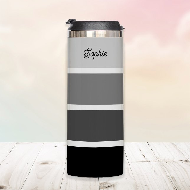 Termo Negro y gris | Bandas de Ombre con baraja de guija (A stylish tumbler with neutral black and gray ombre stripes)
