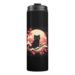 Termo Noche de flores de cerezo_ Gato negro y luna llena