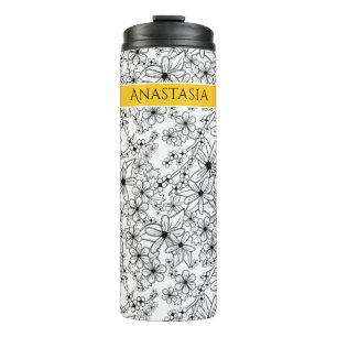 Termo Nombre amarillo del patrón blanco floral dibujado