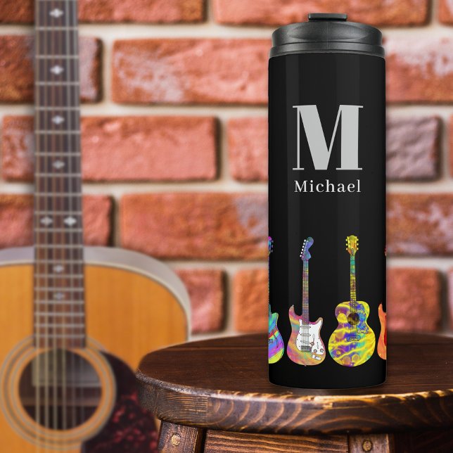 Termo Nombre de agregado de patrón de guitarra (Guitar pattern custom monogram black thermal tumbler with funky psychedelic pop art guitars )
