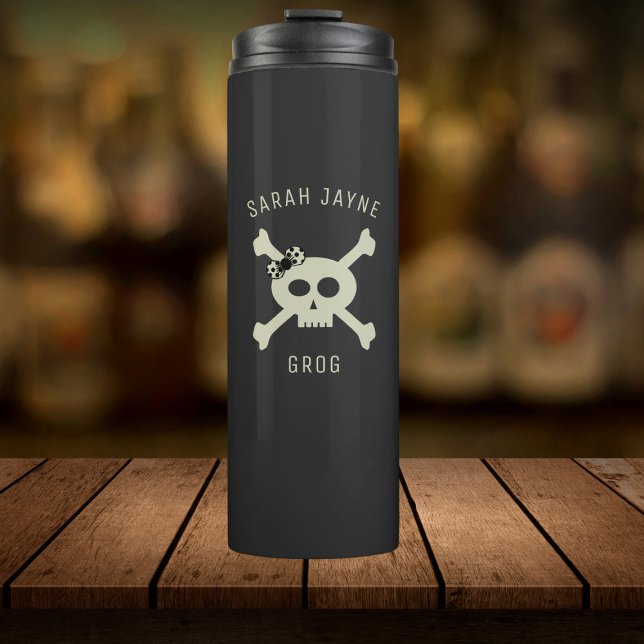 Termo Nombre de la bandera pirata Tumbler térmico negro (Ahoy! Add your name to this cute pirate skull and crossbones thermal tumbler)