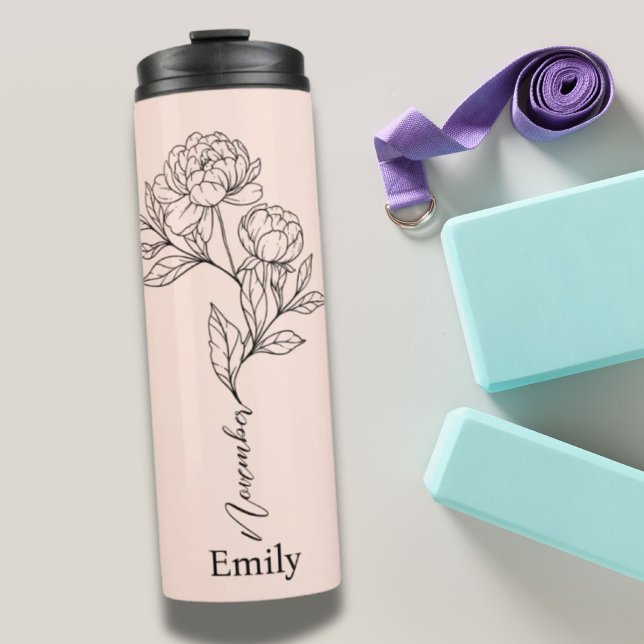 Termo Nombre de la dama de honor Peony Noviembre Regalo  (Bridesmaid Name Peony November Birth Flower Gift Thermal Tumbler)