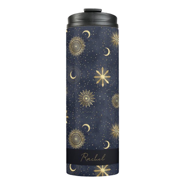 Termo Nombre del Monograma Celestial Azul y Oro (Anverso)