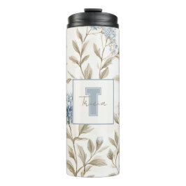 Termo Nombre Inicial Monograma Flores Marrón Azul Crema