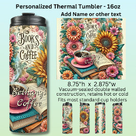Termo Nombre, Libros y Café con Flores