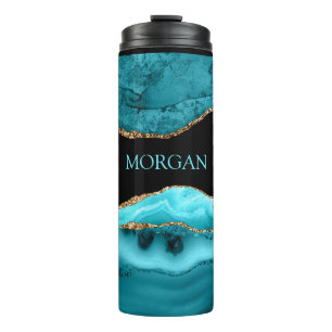 Termo Nombre personalizado, ágata negra, dorada y verde
