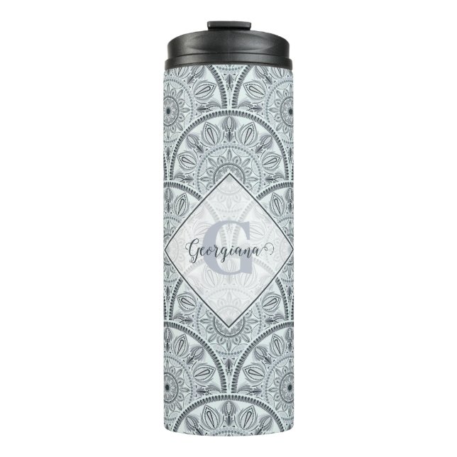 Termo Nombre personalizado Art Deco Armonía floral Gris  (Anverso)