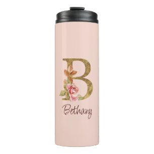 Termo Nombre personalizado Blush rosas rosadas hoja dora