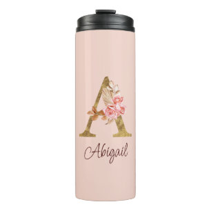 Termo Nombre personalizado Blush rosas rosadas hoja dora