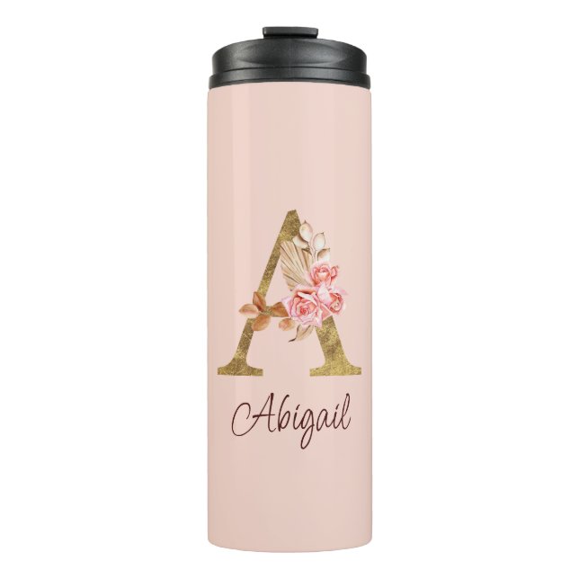 Termo Nombre personalizado Blush rosas rosadas hoja dora (Anverso)
