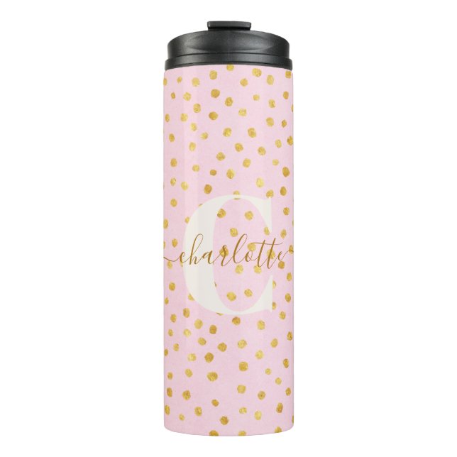 Termo Nombre Personalizado Confeti Lunares Rosa Dorado (Anverso)