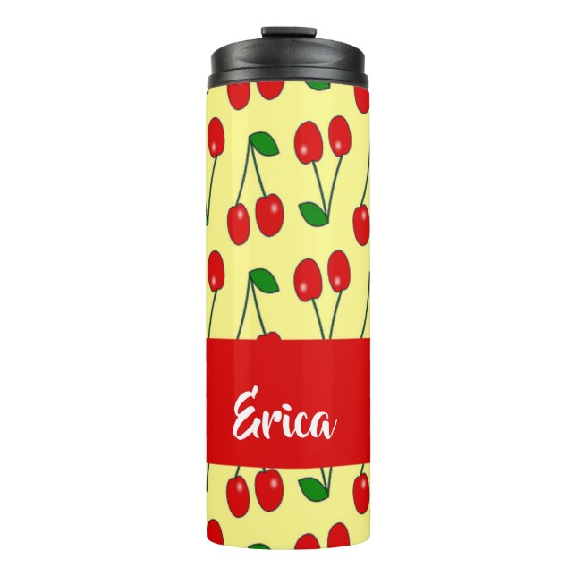 Termo Nombre personalizado de cerezas rojas en amarillo (Anverso)