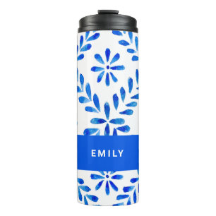 Termo Nombre personalizado de Cobalto azul y blanco medi