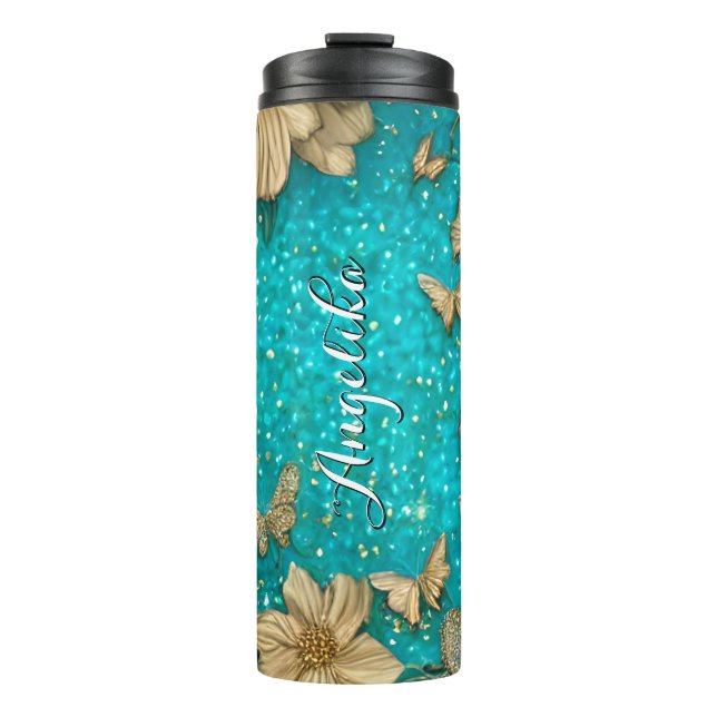 Termo Nombre personalizado de las mariposas verde azulad (Anverso)