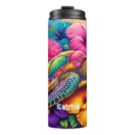 Termo Nombre personalizado de tortuga floral colorida mo