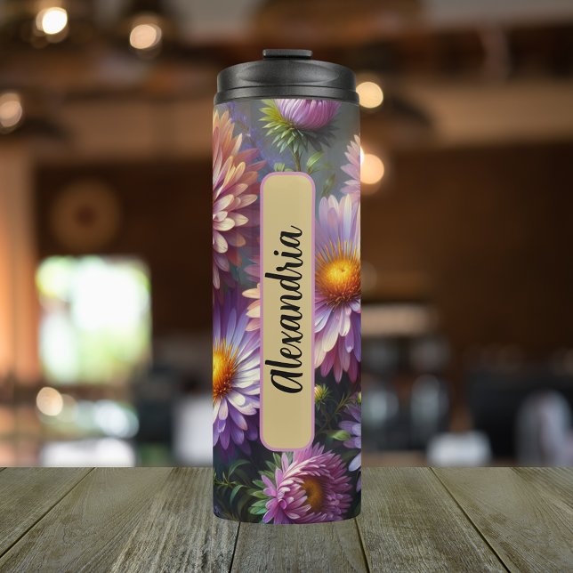 Termo Nombre personalizado Flor de nacimiento 16 oz de s (Personalized 20 oz Thermal Tumbler With Birth Flower Aster Design for the Month of September.)