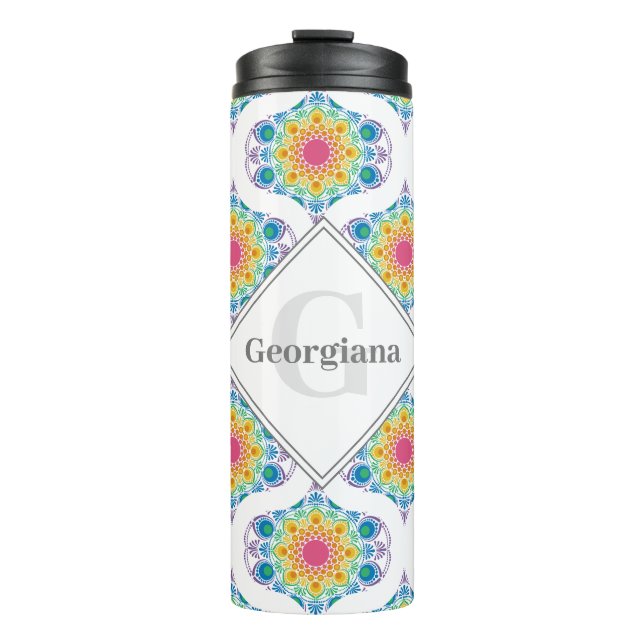 Termo Nombre personalizado Floral arcoiris Mandala Retro (Anverso)