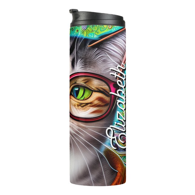 Termo Nombre Personalizado Funky Cute Gato Vestido De Ga (Rotado hacia la derecha)