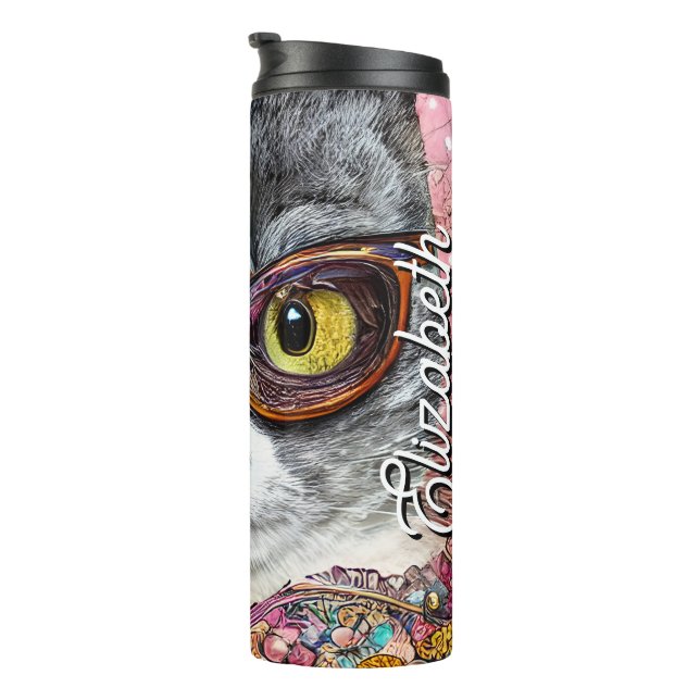 Termo Nombre Personalizado Gato Con Gafas (Rotado hacia la derecha)