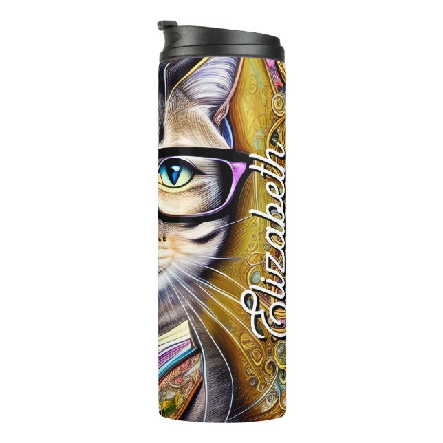 Termo Nombre personalizado Gato con gafas portando un li (Rotado hacia la derecha)