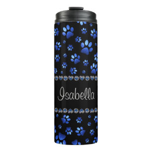 Termo Nombre personalizado, huellas de perro azul brilla