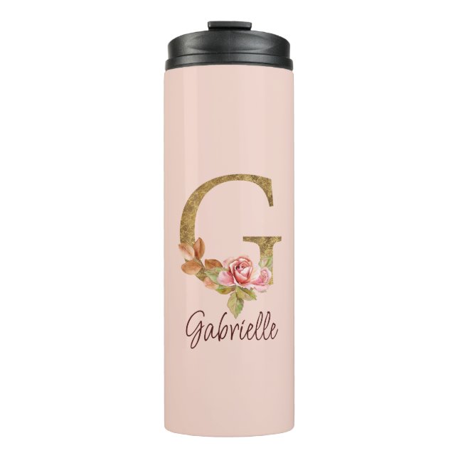 Termo Nombre personalizado letra G rosa blush con hojas  (Anverso)