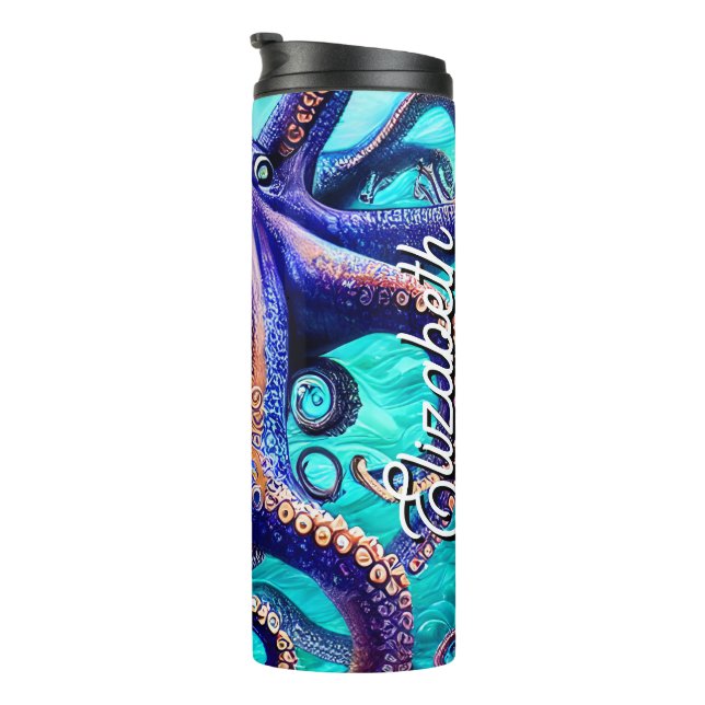Termo Nombre Personalizado Octopus Blue Ocean Wave Resum (Rotado hacia la derecha)