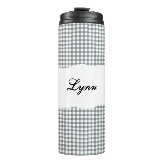 Termo Nombre Personalizado Patrón de Gingham Gris (Anverso)