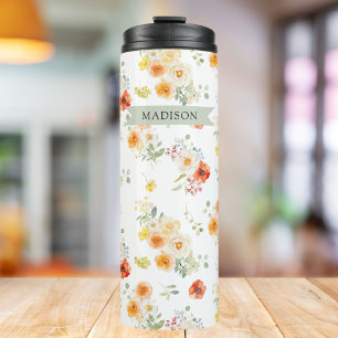 Termo Nombre Personalizado Patrón Floral Soleado Acuarel