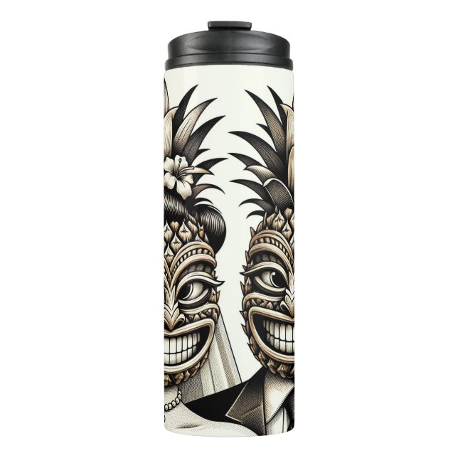 Termo Novia y Groom Aloha Pineapple Tiki Head Boda (Anverso)