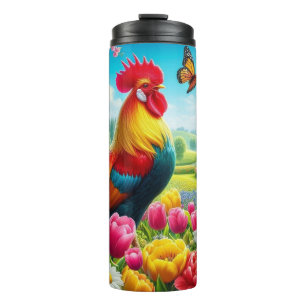 Termo Obra de arte de gallos/gallos/gallinas con flores/