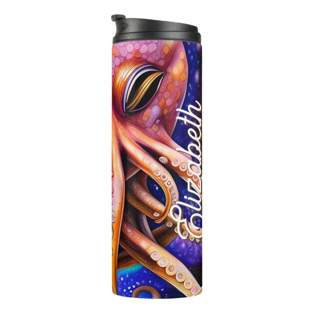 Termo Octopus Ocean Sea Squid Animal con nombre personal (Rotado hacia la derecha)