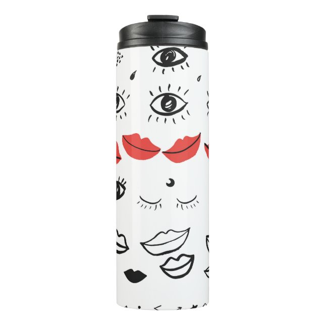Termo Ojos de cosecha, patrón de labios rojos. (Anverso)