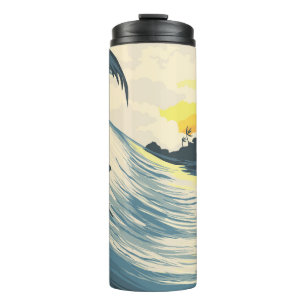 Termo Ola de islas tropicales y surfista al atardecer
