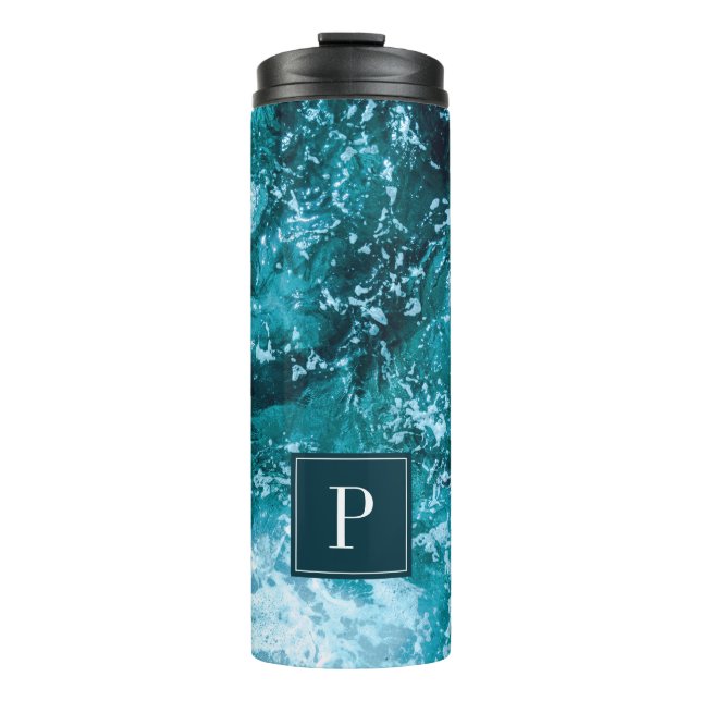 Termo Olas de mar turquesa con monograma personalizado (Anverso)