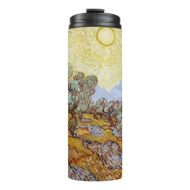 Termo Olivos con cielo amarillo y sol (Anverso)