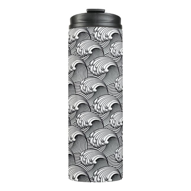 Termo Ondas japonesas vintage, negro y blanco (Anverso)