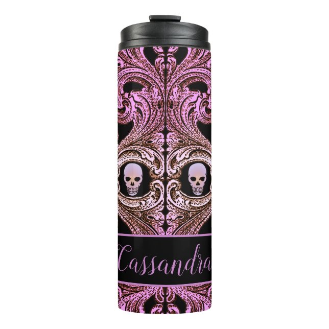 Termo Ornamento rosa gótico con cráneo personalizado (Anverso)