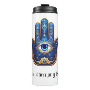 Termo Ornate Blue Hamsa Hand con el símbolo del ojo malv