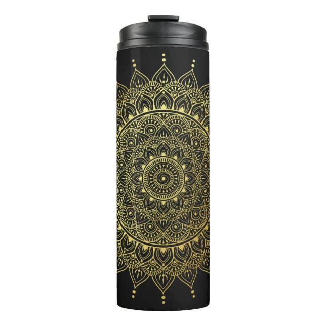 Termo Oro elegante en floral negro suave Henna Mandala (Anverso)