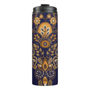Termo Oro y azul, floral sin costuras.