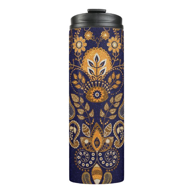 Termo Oro y azul, floral sin costuras. (Anverso)