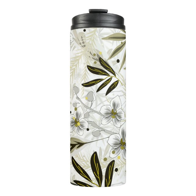 Termo orquídeas blancas con hojas tropicales de oliva (Anverso)