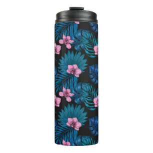 Termo Orquídeas y hojas de palma, rosa y azul en negro