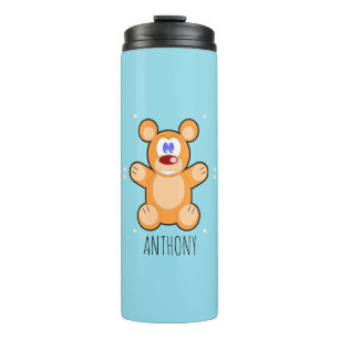 Termo Oso de peluche marrón lindo monograma sobre azul