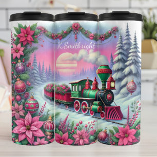 Termo Paisaje festivo de tren de Navidad con poinsettia